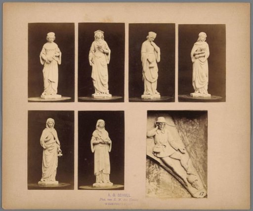 Overview of six sculptures of women holding (probably) ointment pots and the relief 'The Pea Man'