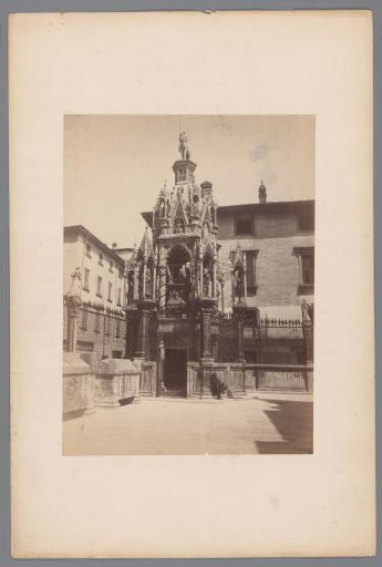 Funerary monument decorated with towers and sculptures, presumably in Italy