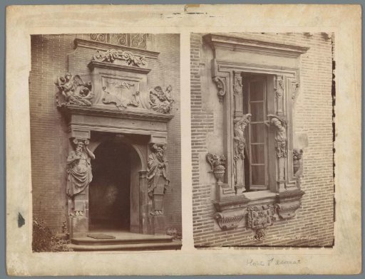 Entrance portal of the Hôtel de Bagis and a window of the Hôtel du Vieux-Raisin in Toulouse
