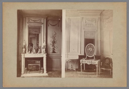 Two interiors of a town palace in Bordeaux with a fireplace and a mirror