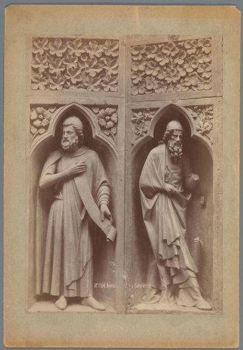 Two sculptures (presumably) of saints on the cathedral of Reims and Amiens
