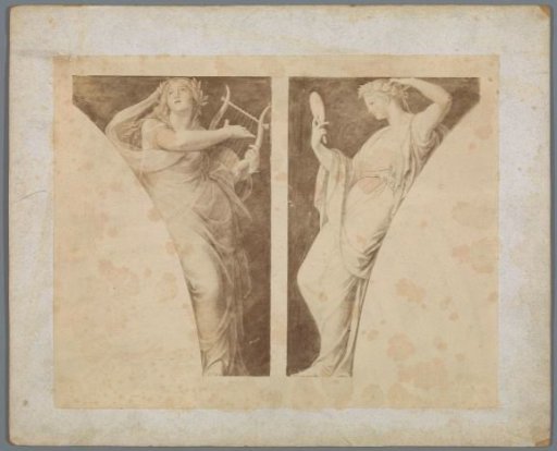 Photographic reproduction of a painting depicting two muses with a harp and a mirror