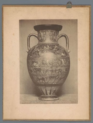 Etruscan vase decorated with animals and humans
