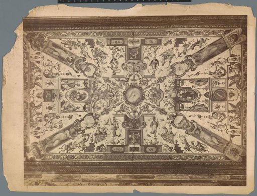 Photographic reproduction of a presumed ceiling painting depicting a gathering of mythological figures and four putti supporting the corners