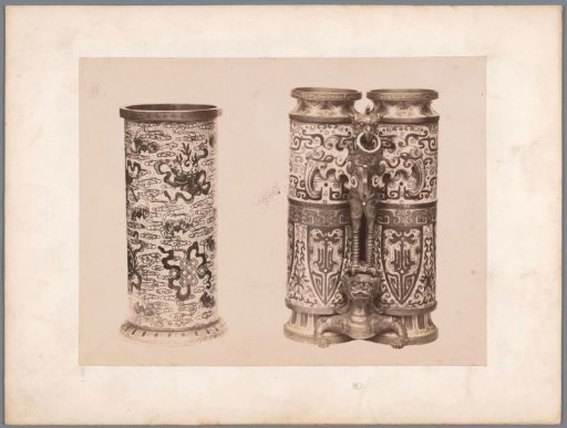 Two cups decorated with Asian motifs, the right cup featuring a metal ornament of a dragon and presumably a phoenix