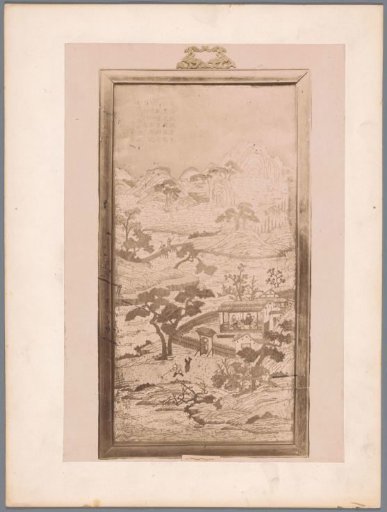 Panel, presumably ceramic, with a rural scene featuring a house with people in the foreground and mountains and Asian characters in the background