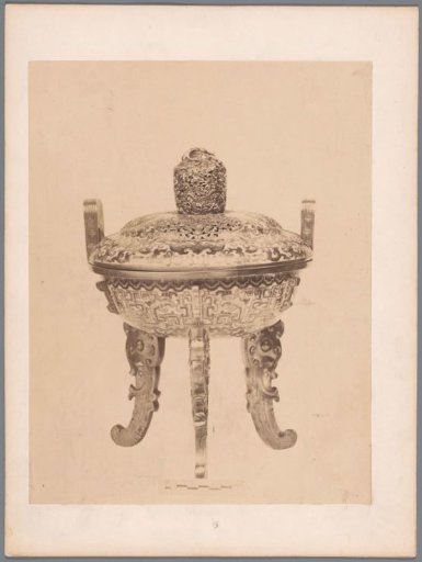 Bowl with lid on three high legs, decorated with a geometric motif