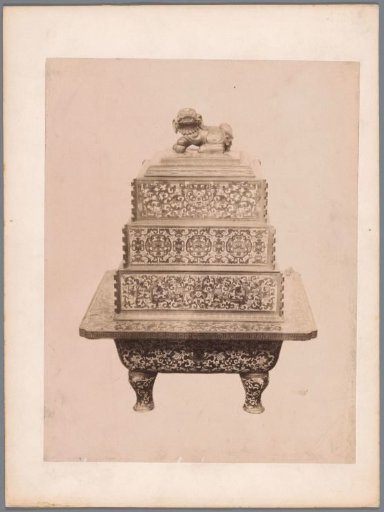 Pot with a stepped lid decorated with Asian motifs, a plant motif, and a lion on the lid, possibly a tobacco pot