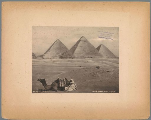 View of the Pyramids of Giza with a man and a camel in the foreground