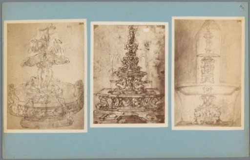 Three photographic reproductions of drawings of fountains