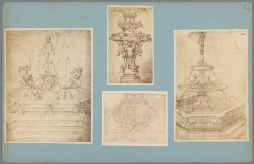 Four photographic reproductions of drawings of fountains