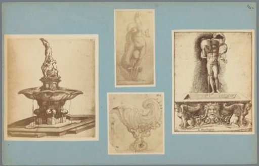 Four photographic reproductions of drawings of fountains and a scale