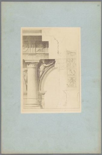 Photographic reproduction of an architectural drawing of a building with proportions and dimensions indicated