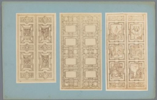 Three photographic reproductions of drawings of decorative fillings, presumably doors