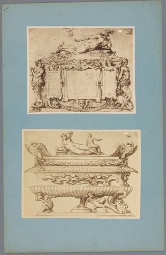 Two Photographic Reproductions of Drawings of a Tomb and a Bowl, Probably