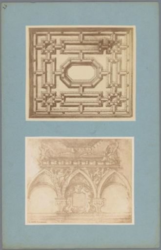 Two photographic reproductions of drawings of ceiling decorations