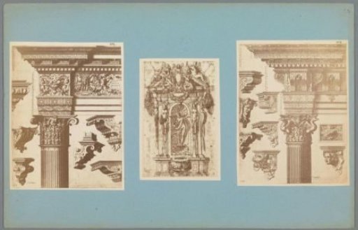 Three photographic reproductions of a drawing and prints of architectural elements