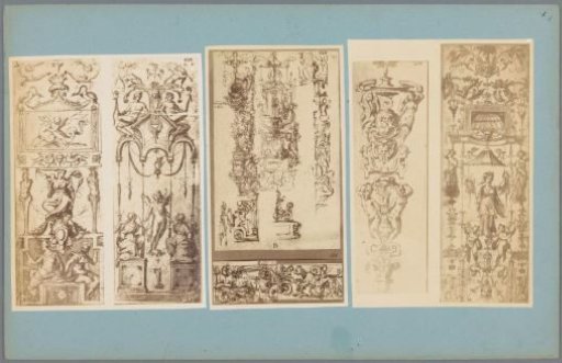 Three photographic reproductions of drawings of ornaments, presumably wall decorations