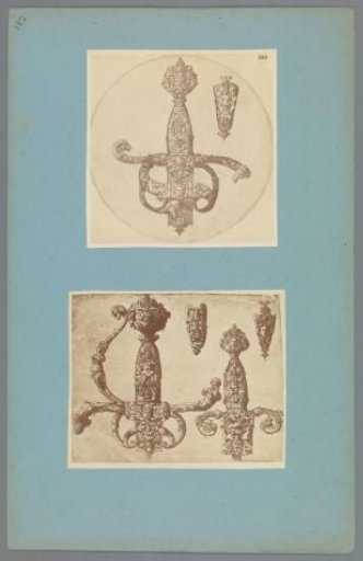 Two photographic reproductions of prints of sword hilts