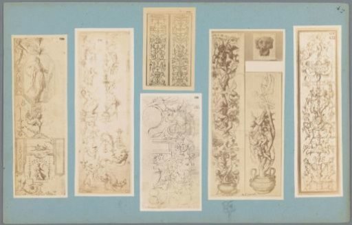 Six photographic reproductions of drawings of ornaments, presumably wall decorations
