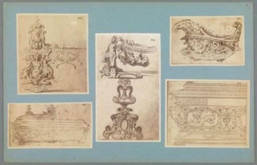 Five photographic reproductions of ornamental drawings of cradles and sarcophagi