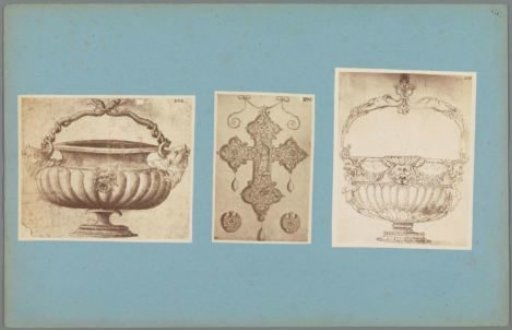 Three photographic reproductions of ornamental drawings and an ornamental print