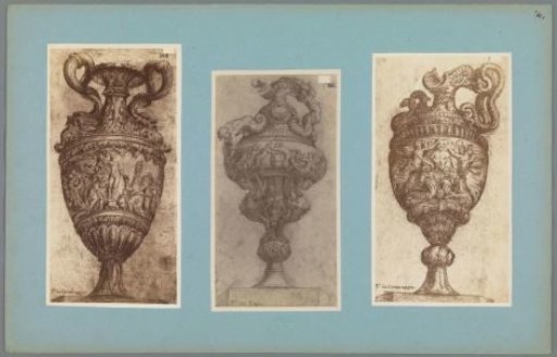 Three photographic reproductions of drawings of decorated vases