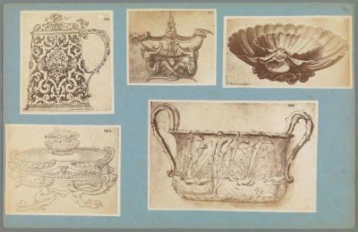 Five photographic reproductions of a print and drawings of tableware