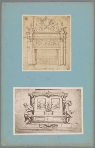 Two photographic reproductions of drawings of a fireplace and a pedestal