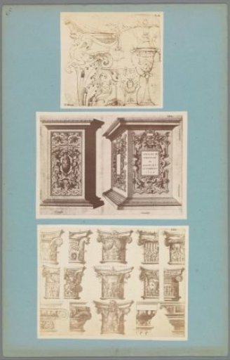 Three photographic reproductions of prints and a drawing of architectural elements