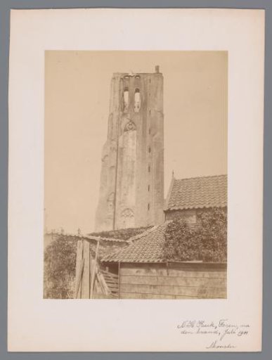 View of the burned tower of the Reformed Church in Monster