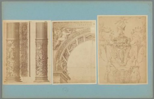 Three photographic reproductions of a print and drawings of architectural elements