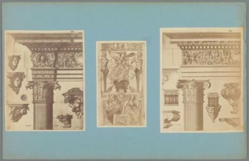 Three photographic reproductions of prints and a drawing of architectural elements