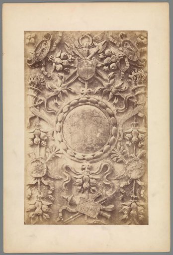 Relief with fruit, torches, coats of arms and spears