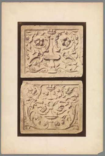 Two reliefs with plant motifs and a bowl with fruit