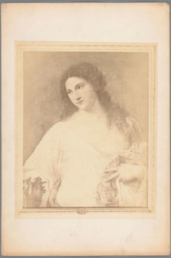Photographic reproduction of a painting, depicting a portrait of a half-naked woman with flowers in her hand