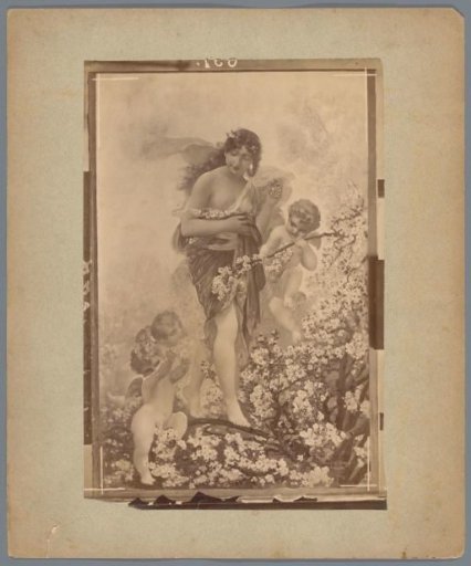 Photographic reproduction of a painting depicting a half-nude woman with putti among flowers