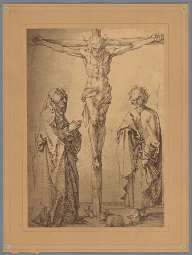 Photographic Reproduction of a Drawing by Albrecht Dürer, Depicting Christ on the Cross with Mary and John