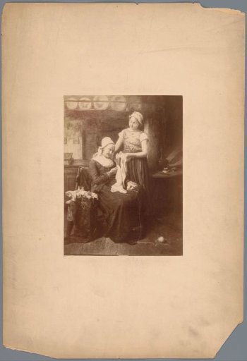 Photographic reproduction of a painting, depicting (presumably) an old woman knitting and a standing young woman in an interior
