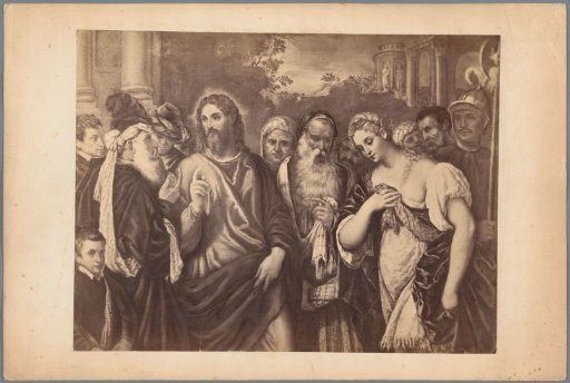 Photographic reproduction of a painting, depicting Christ with followers, including Mary Magdalene