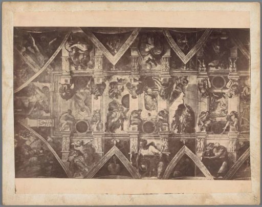 Photographic reproduction of a section of the frescoes on the ceiling of the Sistine Chapel in Vatican City by Michelangelo, depicting the Creation