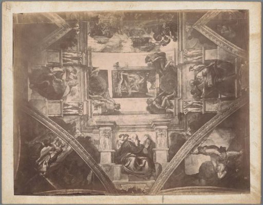 Photographic reproduction of a section of the frescoes on the ceiling of the Sistine Chapel in Vatican City by Michelangelo, depicting Lot and his daughters