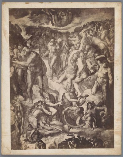 Photographic reproduction of a section of the frescoes on the wall of the Sistine Chapel in Vatican City by Michelangelo, depicting the Last Judgment with Peter and saints