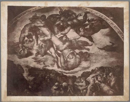 Photographic reproduction of a section of the frescoes on the wall of the Sistine Chapel in Vatican City by Michelangelo, depicting angels with the instruments of the Passion
