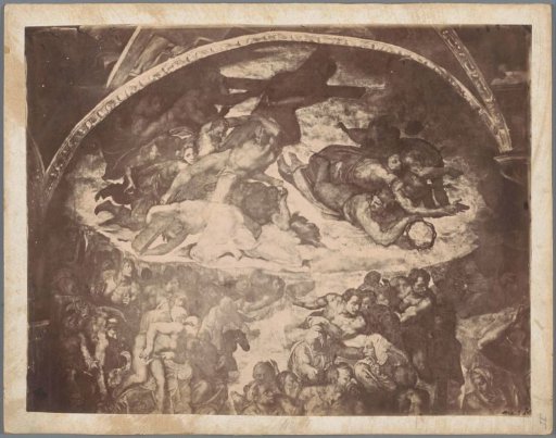 Photographic reproduction of a section of the frescoes on the wall of the Sistine Chapel in Vatican City by Michelangelo, depicting angels with the instruments of the Passion