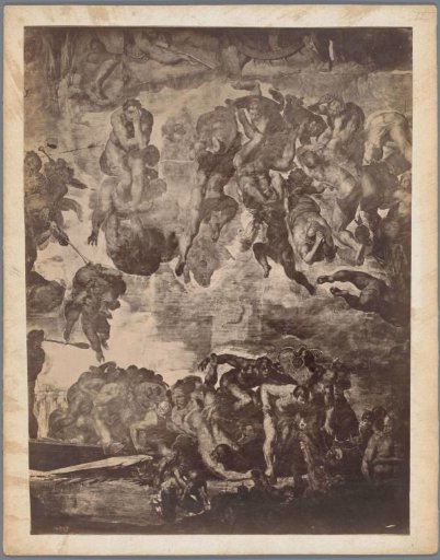 Photographic reproduction of a section of the frescoes on the wall of the Sistine Chapel by Michelangelo in Vatican City, depicting the Last Judgment and the casting of the damned into hell