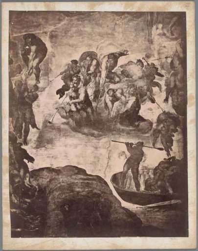 Photographic reproduction of a section of the frescoes on the wall of the Sistine Chapel in Vatican City by Michelangelo, depicting trumpet-playing angels