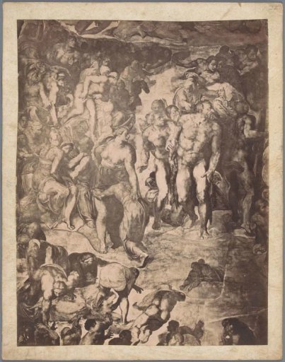 Photographic reproduction of a section of the frescoes on the wall of the Sistine Chapel in Vatican City by Michelangelo, depicting the reception of the blessed into heaven
