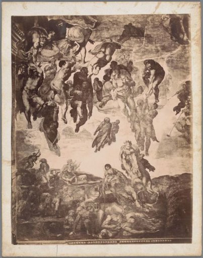 Photographic reproduction of a section of the frescoes on the wall of the Sistine Chapel in Vatican City by Michelangelo, depicting the raising of the dead