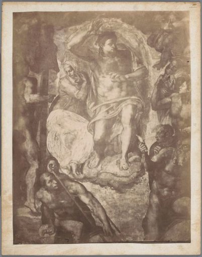Photographic reproduction of a section of the frescoes on the wall of the Sistine Chapel in Vatican City by Michelangelo, depicting Christ and Mary